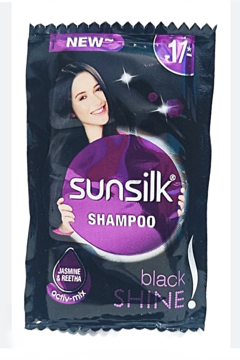 Sachet of Sunsilk black shine hair shampoo, India