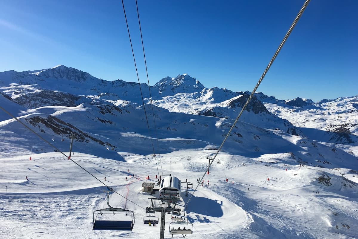 View from the chair lift in Val D'Isere on a sunny day