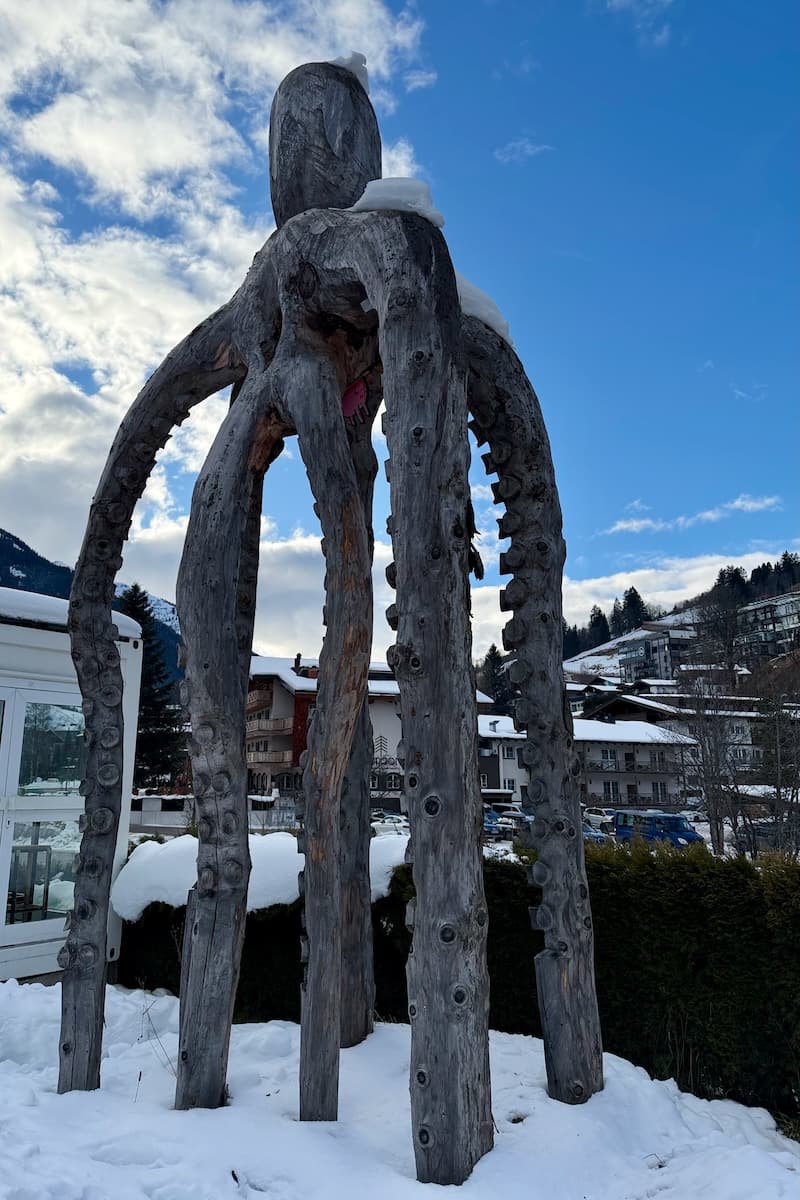 Giant wooden octopus sculpture outside Glemmart in Saalbach-Hinterglemm, Austria