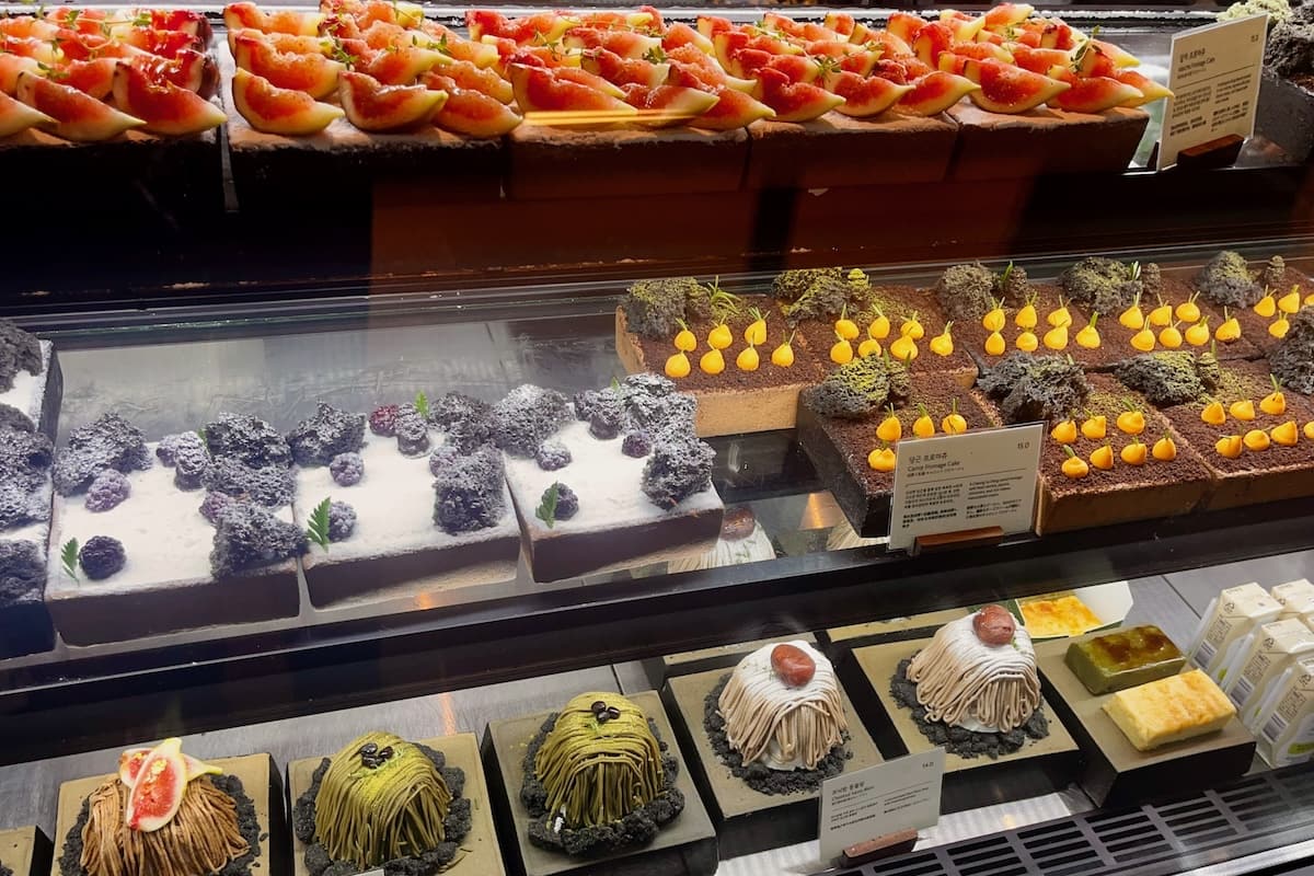 Korean cakes in glass counter in Jeju