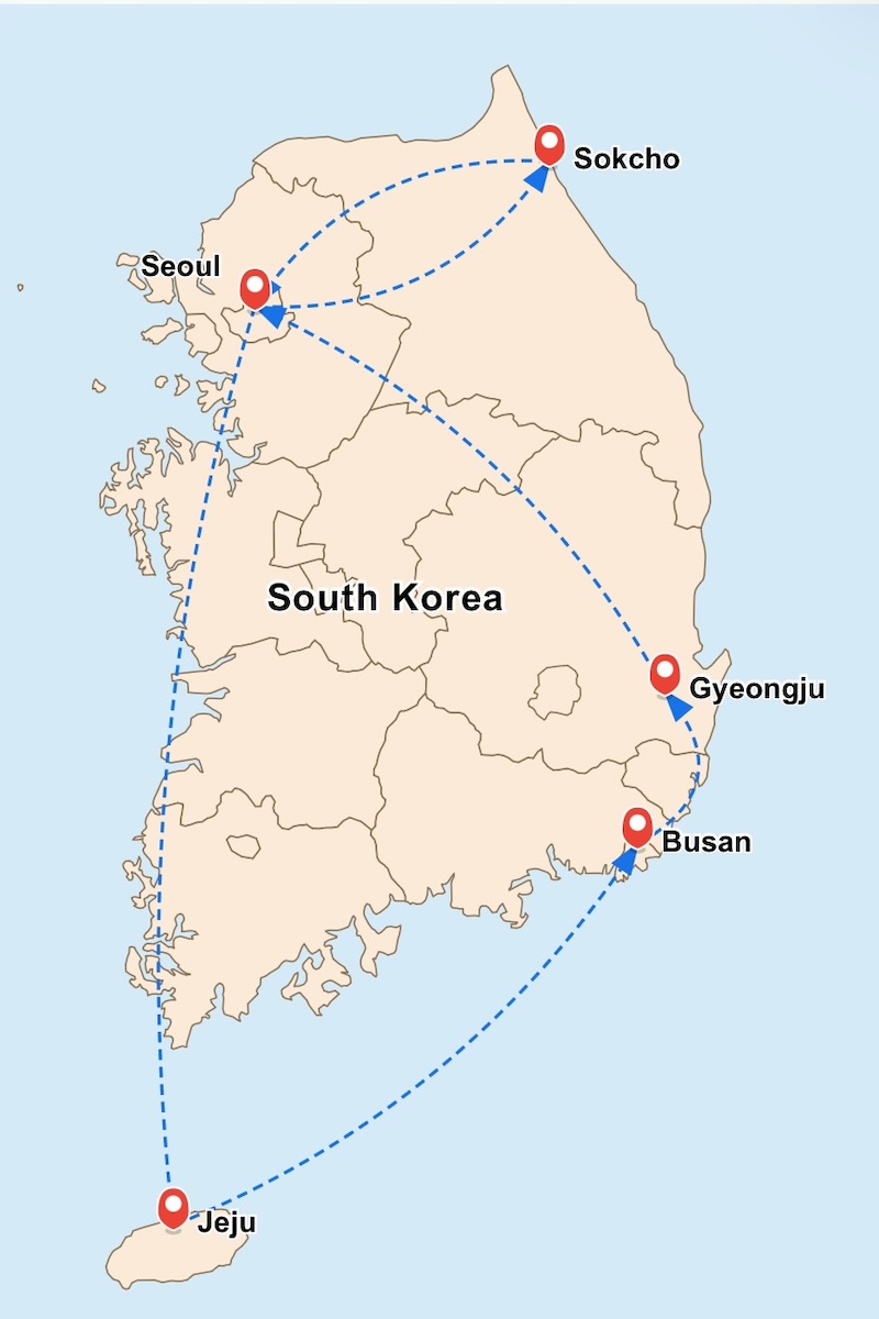 Map of 2 week itinerary in Korea