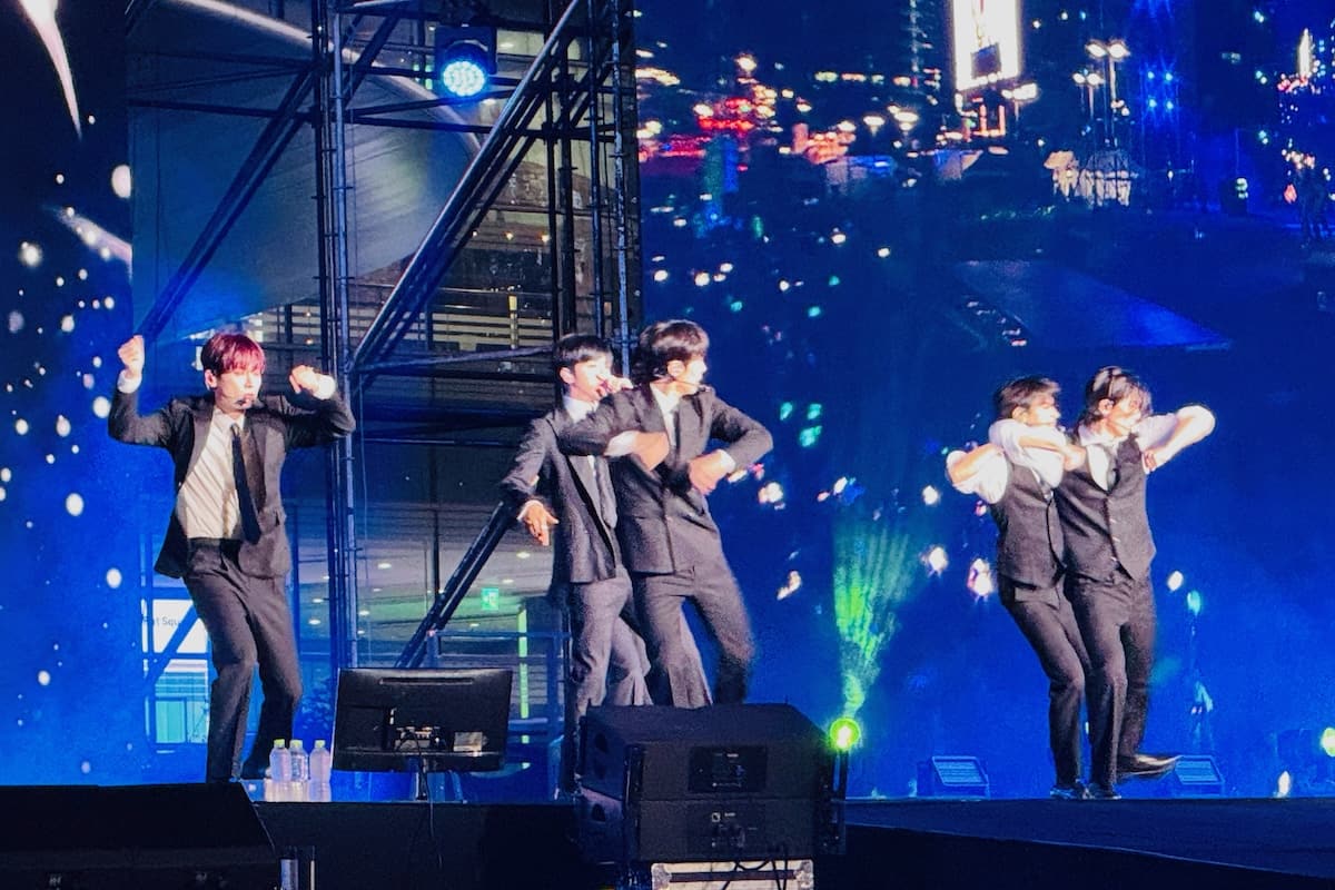 Male K-Pop band dancing on stage at Gangnam K-Pop Festival, Seoul