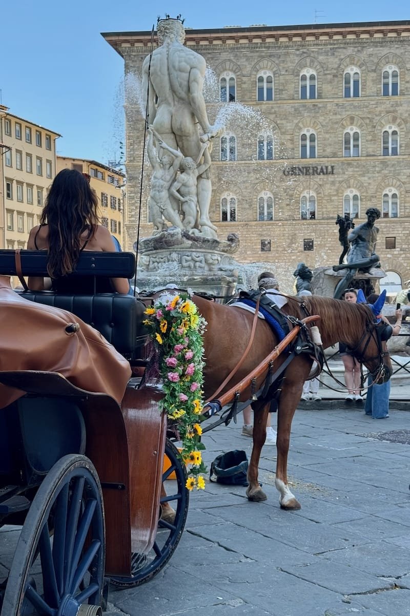 Fountain of Neptune and carriage in Florence Italy