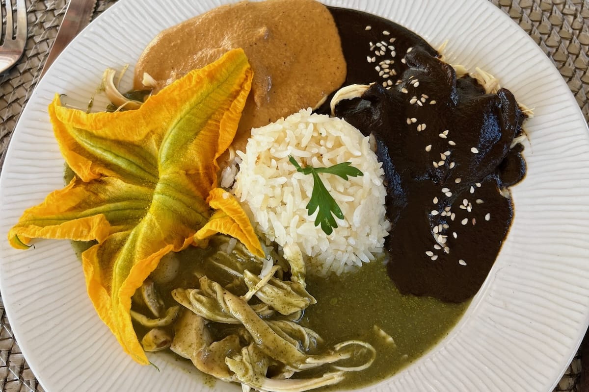 Tortilla strips and rice with peanut, green and negro moles